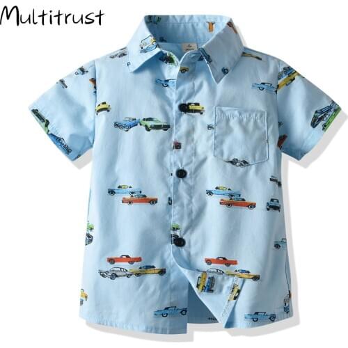 Summer Printed Shirt Boys Shirts Cartoon Car Blouse Beach Short Sleeve Baby Casual Boys Shirt Turn-down Collar For Children Top