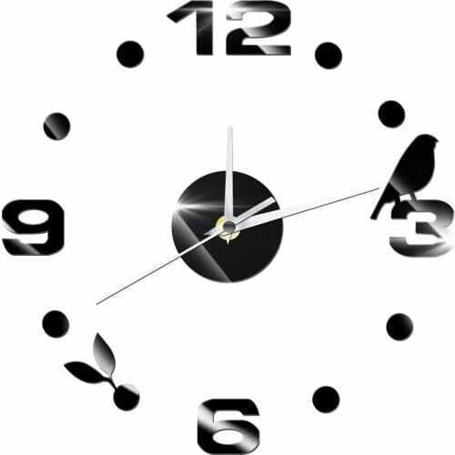 DIY Wall Clock Acrylic Reflective Self Adhesive Wall Clock Digital Number Birds Leaves Modern Home Decor 3D Wall Clock