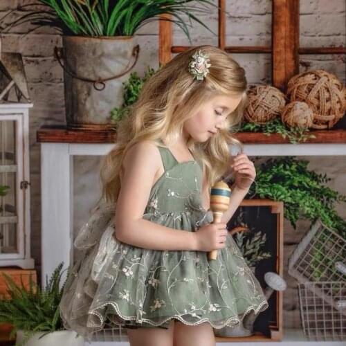 Summer New Girls Green Embroidered Flower Sweet Bow Dress Set Baby Girl Clothes Girls Boutique Outfits Fashion Clothes