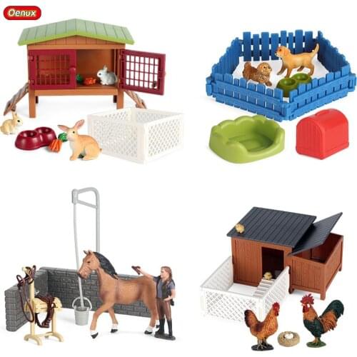 Oenux Farm Zoo Simulation Poultry Animals Set Rabbit Chicken Dog House Horse Figurines Action Figures Kids Toy Gift With Box