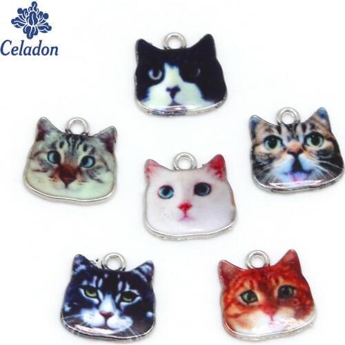 Wholesale Cute Cat Enamel Charms Pendant Drip Alloy 17x17mm Hole Size 2mm For Jewelry Making Bracelets Craft