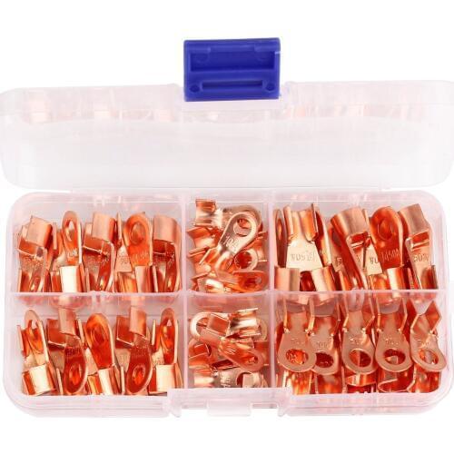 Open Barrel Copper Ring Lug Terminals Wire Crimp Connector Assortment Kit OT 10A 20A 30A 40A 50A (Pack of 70)