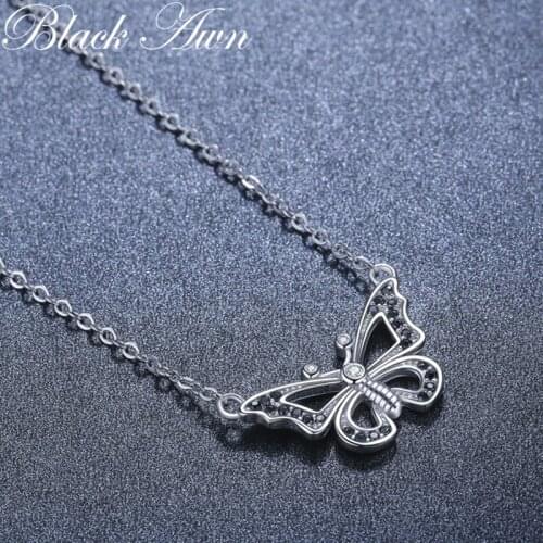 2021 New Black Awn Silver Necklace Genuine 100% 925 Sterling Silver Necklace Women Jewelry Butterfly Pendants P200