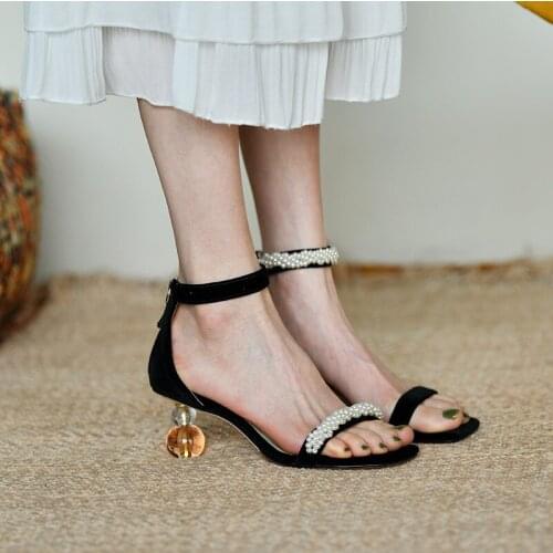 Women Sandals Black Suede Ankle Strap Summer Shoes Woman 7cm Strange High Heels Sandalias Femmes Pearl Strap Pumps