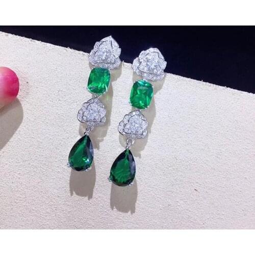 Green color 925 sterling with cubic zircon flower drop earring fine women jewelry free shipping party wedding