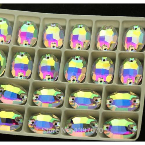 Oval 50pcs Sew on glass Rhinestone Clear AB Pear Droplet Flatback Glass crystal 2holesFor Wedding Dress Garment choose size