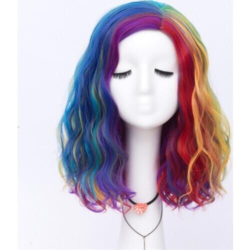 VICWIG Womens Multicolor Stitching Gradient Synthetic Hair Short Wig Curved Black and White Blue Pink Cosplay Wig
