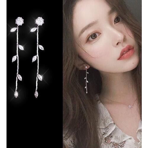 Women Clip On Crystal Earrings Leaf Long Dangle Non Piercing Clip-On Earring Clips With Crystal Ear Drop Earing Jewerly