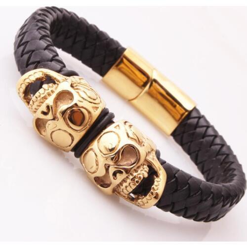 Granny Chic Punk Genuine Leather Bracelet Bangle Double Gold Skull Charm Bracelet Men Women Woven Leather Rope Jewelry Magnet
