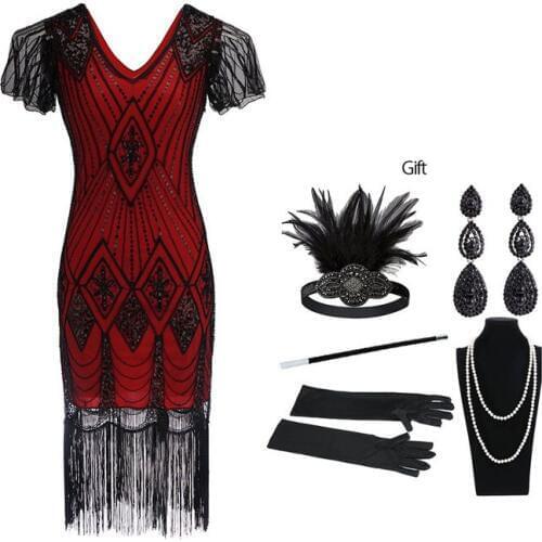 Xxxl xxl Womens Vintage 1920s Fringed Gatsby Sequin Beaded Tassels Hem Flapper Dress With Headband Accessories