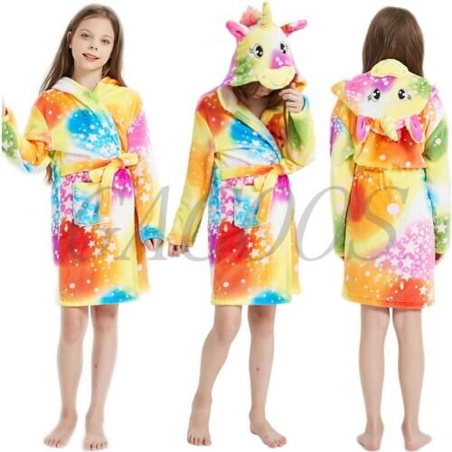 Winter Cartoon Girls Robe Flannel Baby Bathrobe Long Sleeve Hooded Boy Girl Bath Robe Lovely Unicorn Cute Childrens Night Robes