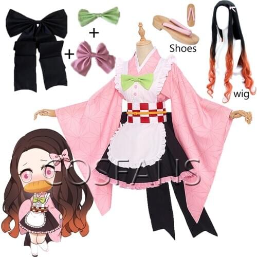 Anime Cosplay Demon Slayer: Kimetsu no Yaiba Kamado Nezuko Cosplay Costume Woman Maid Outfits Sets Dress Kimono Wigs and shoes