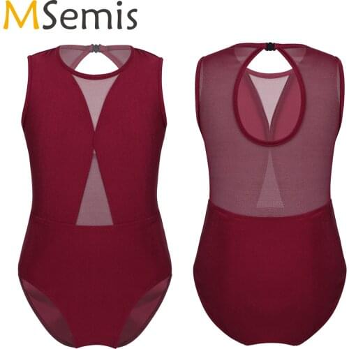Girls Ballet Leotards Kids Gymnastics Leotard Sleeveless Mesh Splice Keyhole Back Ballet Dance Ballet Stretch Jumpsuit Dancewear