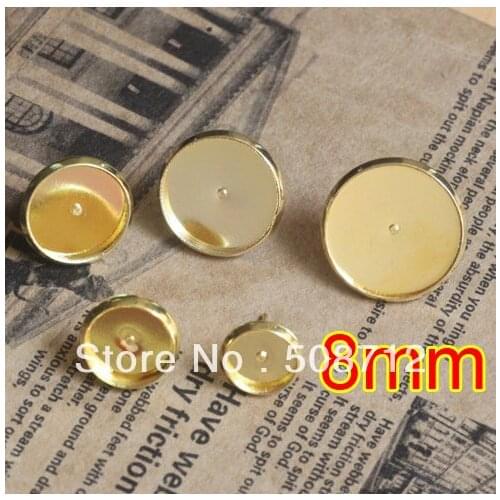 Free shipping!!! EP085 500sets 8mm Gold Plated Stud Earring Blanks Base Tray Bezel Cameo Setting Post Bullet Stopper Back