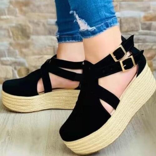 Summer Womens Vintage Wedge Heel Sandals Woman Buckle Strap Straw Thick Bottom Platform Flats Female Flock Ankle Straps Shoes43