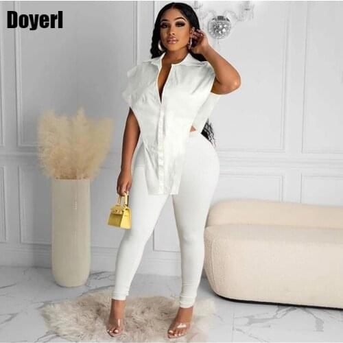 Sexy White Two Piece Set Women Suit Elegant Irregular Shirts Pencil Pants Sets Womens Outfits Summer Party Club Festival Outfit