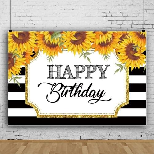 Laeacco Sunflowers Black White Stripes Birthday Party Customized Poster Pattern Photo Background Photo Backdrop Photo Studio