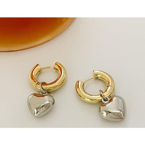 Monlansher Geometric Round Hoop Earrings with Chunky Heart Pendant Gold Color Copper Earrings for Women Vintage Earrings Jewelry