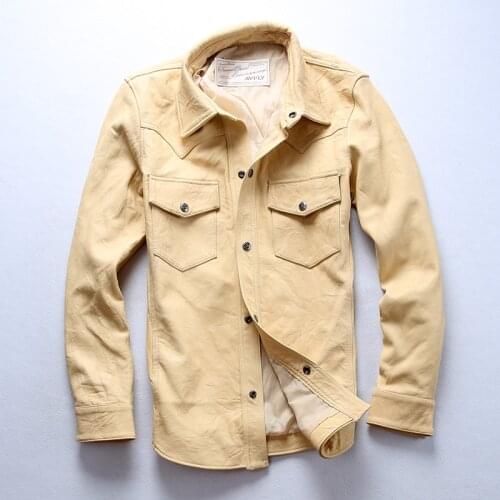AVFLY mens sheepskin casual leather shirts vintage wash genuine leather shirt men slim fit skinny leather jacket male beige