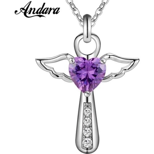 New 925 Sterling Silver Necklace Angel Wings Cross Pendant Necklace Religion Faith Jewelry Gift