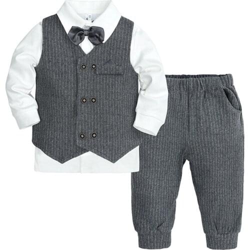 Toddler Boy Clothes Kids Boys Wedding Gentleman Suits Fashion Stripe Vest + Shirt + Pants 3Pcs Baby Outfit Children Clothing Set