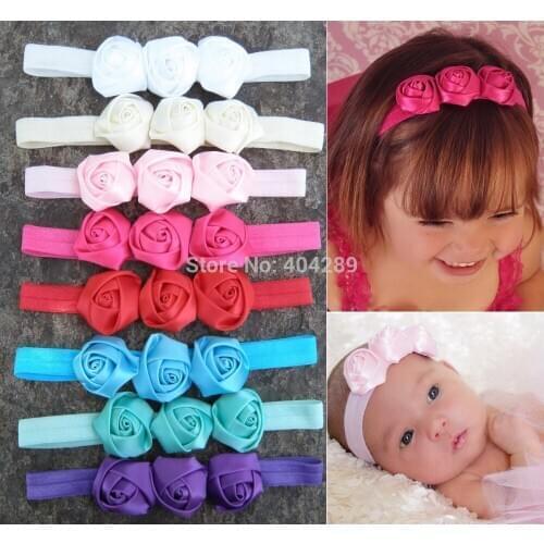 Wholesale 16pcs Satin Ribbon 3 Rose Rosset Flower Elastic Headbands,Infant Baby Hairbands,16colors