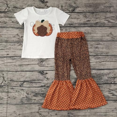 Fall/Autumn Baby Girls Two Pieces Set Thanksgiving Day Leopard Pumpkin with Bow-knot Bell Bottom Pants Set