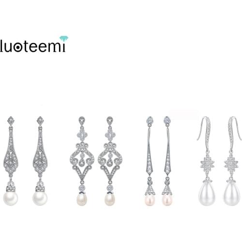 LUOTEEMI Fashion Elegant Jewelry Micro Inlay AAA Cubic Zirconia Imitation Pearl Dangle Earrings for Women Wedding Accessories