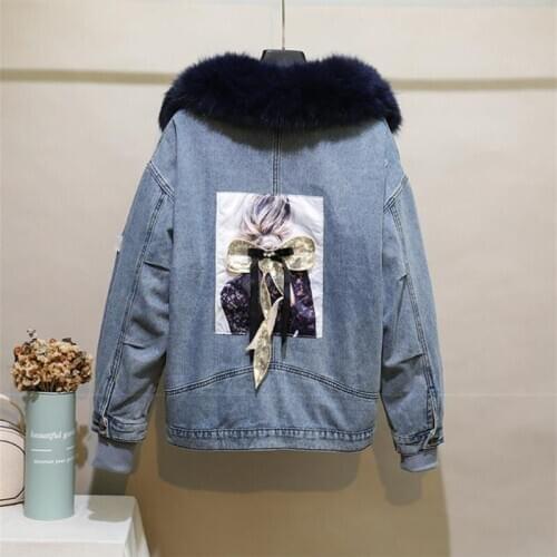 2021 Spring New Jeans Jacket Women Girl Printing 3D Bowknot Sequins Hole Denim Coat Detachable Rabbit Fur Liner Winter Parka