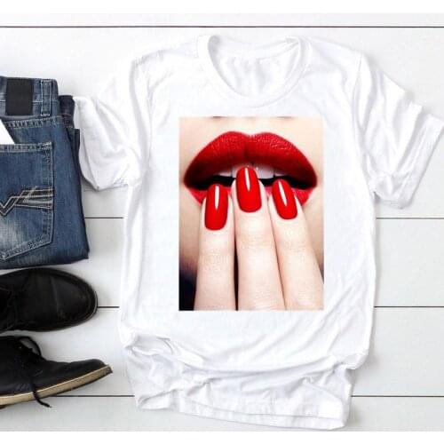 Women Short Sleeve Finger Nail Sexy Lip 90s Fashion Cartoon Summer Lady Print Tee Graphic T Top Female Tshirts Clothes T-Shirt