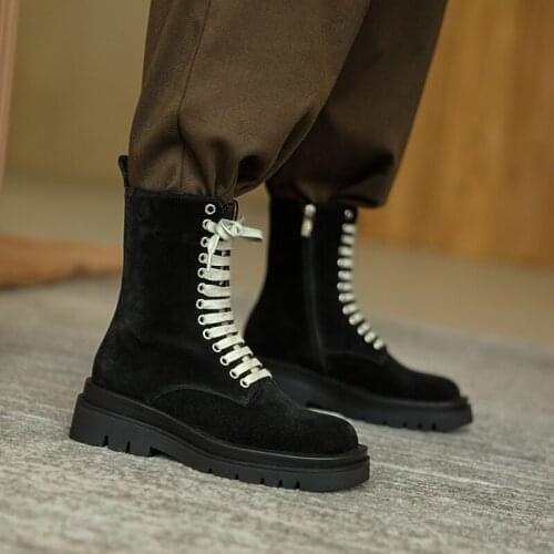 Womens boots 2021 Winter Boots Women England High Street Vintage Cowhide Soft Motorcycle Boots Shoes Woman Flat with