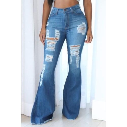 Ladies Ripped Jeans Pants Women New Fashion High Waist Frayed Fringed Big Hole Flared Pants Denim Trousers Джинсовые брюки