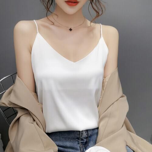 Casual Silk Top Women Chiffon V-neck Satin Tank Sleeveless Black Tees Cami Sexy Halter Top Plus Size Elegant Women White Tops