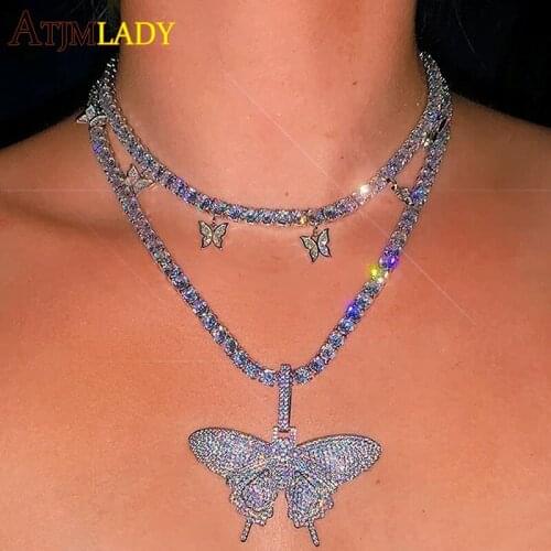 2020 pink pinky drip 5mm cz butterfly charm tennis chain 32+10cm choker necklaces iced out bling hip hop cool rock women jewelry