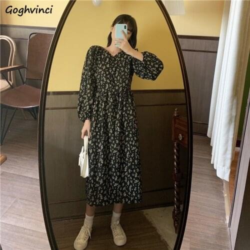 Women Long Puff Sleeve Dress Floral Print Casual V-neck Mid-calf Length Elegant Large Size 3XL Korean Style High Quality Fashion