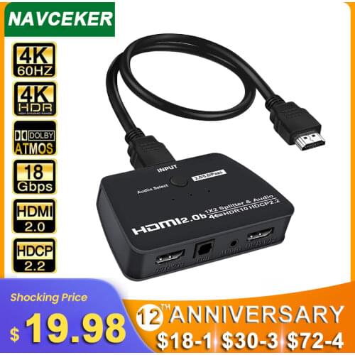 2021 Best 4K HDMI Splitter 1x2 HDMI Splitter Audio Extractor 1 in 2 out HDR HDMI2.0 Amplifier Splitter for PS4 Apple TV XBox PS5