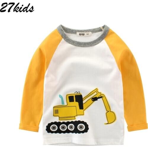27kids Boys Childrens Clothes Autumn Full Sleeve Shirt Girls Cotton Excavator O-neck T Shirts teenagers Tops for 2-9 years