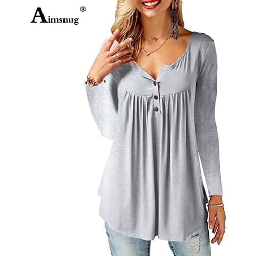 Aimsnug 2021 Autumn New Patchwork Buttons T shirts Women Long Sleeve Tops Pleated Tees Shirts Plus Size 3xl Female Casual Shirts