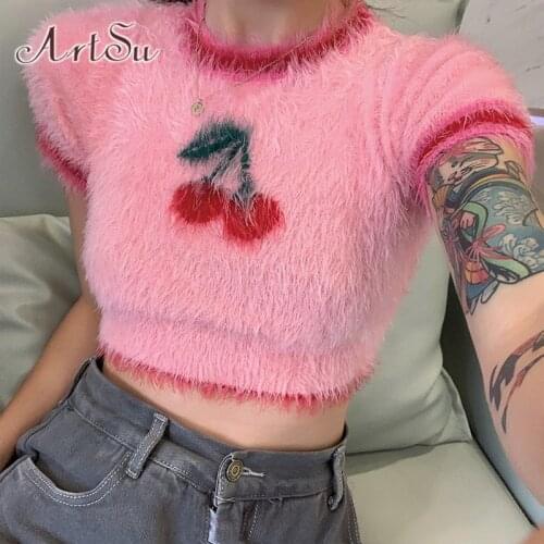 ArtSu Pink Cherry Knitted Crop Top Summer Streetwear Patchwork Slim O Neck Tops Cute Short Sleeve Tee Shirt Pullover TS52828