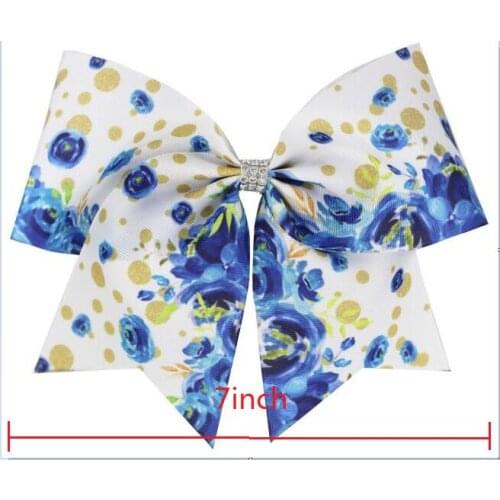 HOT 20pcs/7Inch rhinestone Hair Bows girls cheer bows Elastic Hair Bands Polyester print flowers ribbon Kids Hair Accessories