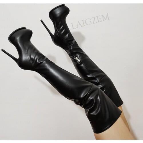 DOBANER Women Over Knee Platfrom Boots Side Zip Boots Black Female Ladies Faux Leather Handmade Shoes Woman Big Size 42 44 45 52