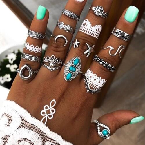 Doocna Bohemia 15pcs/set Vintage Flower Finger Ring Set Hollow Water Drop Star Moon Silver Color Midi Joint Rings Women 14564