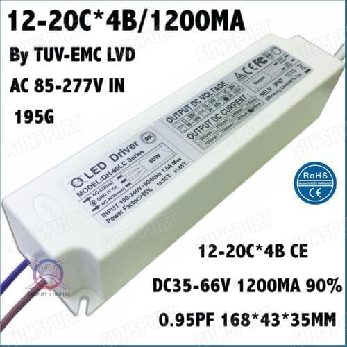 2 Pcs By TUV-EMC LVD 80W AC85-277V LED Driver 12-20Cx4B 1200mA DC35-66V Constant Current LED Power For Panel light Free Shipping