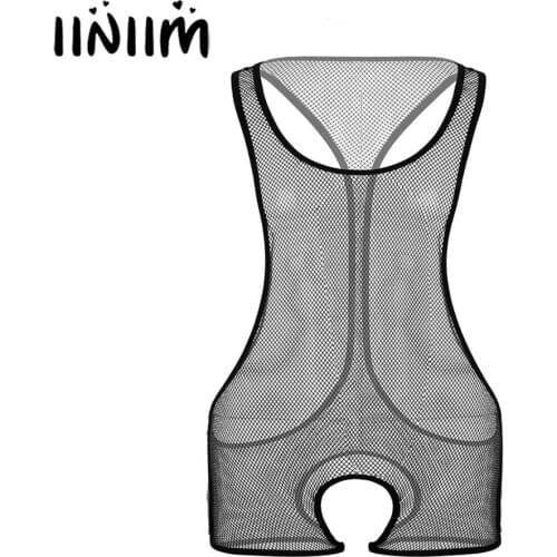 Iiniim Mens Wetlook Lingerie Nightwear Bodycon Sheer Fishnet Crotchless Bodysuit Costumes Open Crotch Sissy Gay Sexy Clubwear