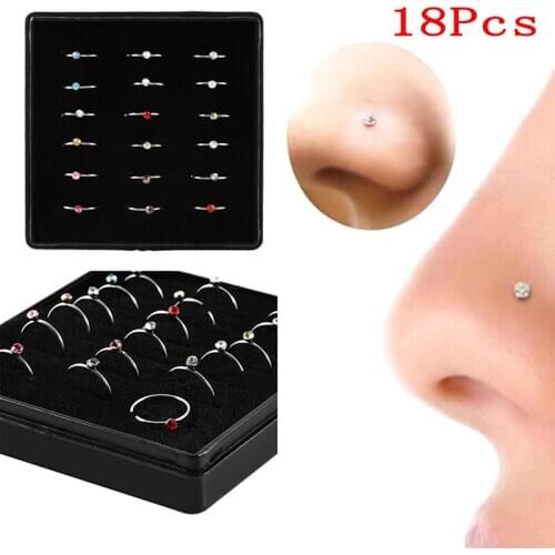 18/40Pcs Rhinestone Surgical Steel Round Nose Ring Hoop Stud Fashion Body Piercing Jewelry