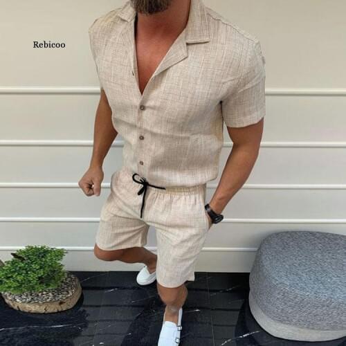 Summer Clothes Mens 2 Pieces Sets Casual Shorts and Short-Sleeved t Shirt Men Breathable Slim Fit V Neck Linen Suits New