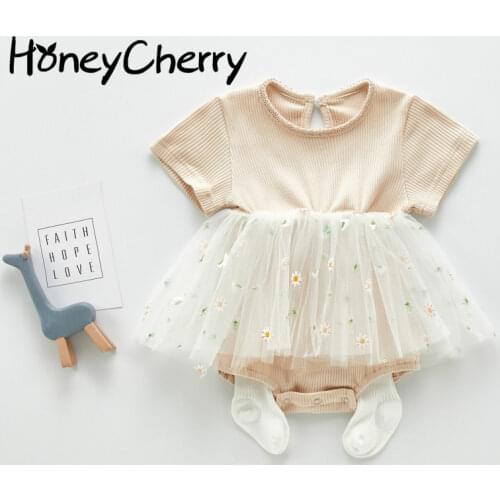 Summer Baby Girls Short Sleeve Bodysuit Halter Skirt With Fart Small Flower Mesh Skirt Creeper Newborn Baby Girl Clothes