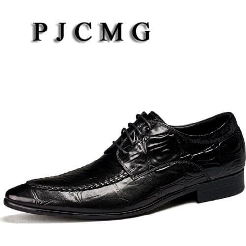 PJCMG New Fashion Crocodile Design Handmade Genuine Leather Lace-Up Pointed Toe Black/Brown Business Dress Men Oxford Shoes