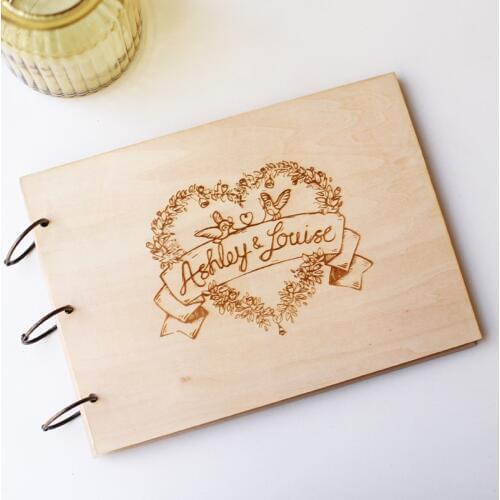 New! Custom wedding guest book, engraved rustic wood album, love birds and heart guestbook,wedding gift