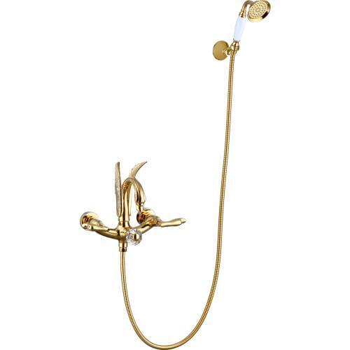 NEW luxury Ti-Gold wall mounted swan Bath Tub shower Filler Faucet with Hand shower SWAN handles crystal diverter